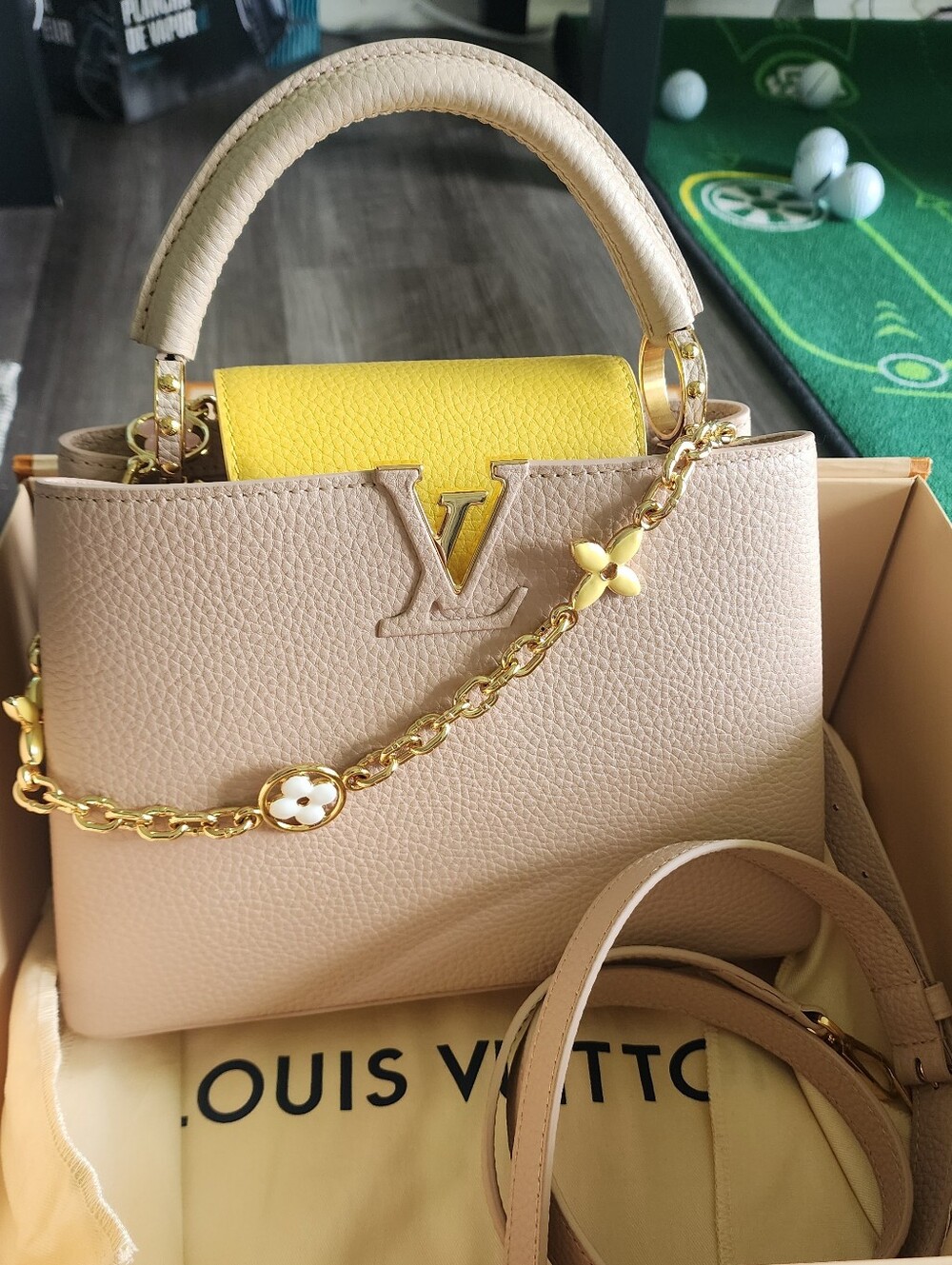 Louis Vuitton Capucines BB Pink-Beige and Yellow Satchel with Gold-Chain Accent